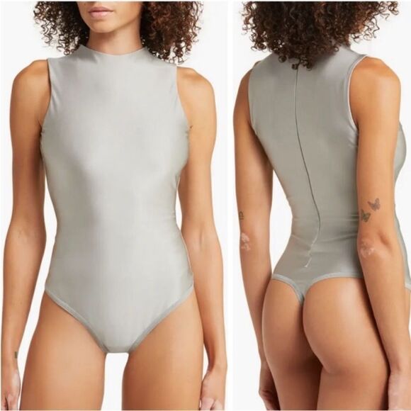 Skims Disco Sleevless Mock Neck Bodysuit Silver Size Large - Picture 1 of 12
